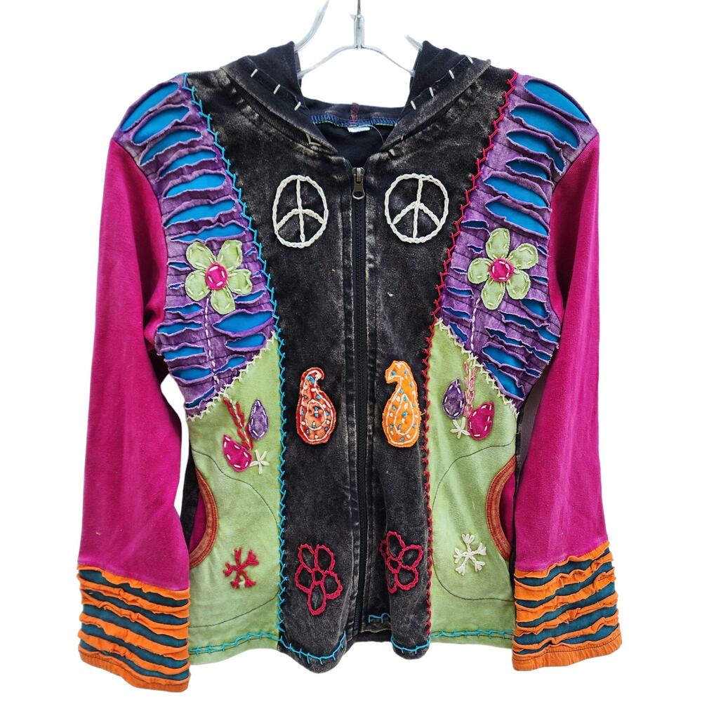 NEW Patchwork Peace Sign Paisley Hippie ZipUp Jacket sz S Festival Boho Cochella